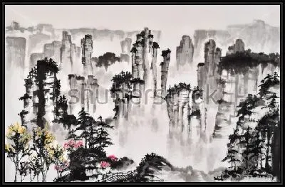 Горный пейзаж с лесами и цветами в традиционной восточной технике