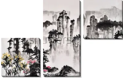 Горный пейзаж с лесами и цветами в традиционной восточной технике