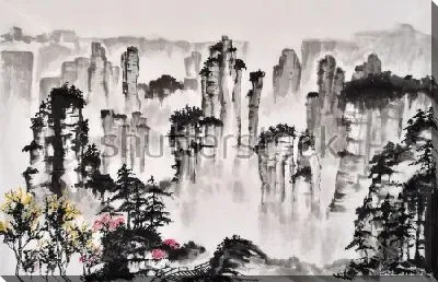 Горный пейзаж с лесами и цветами в традиционной восточной технике