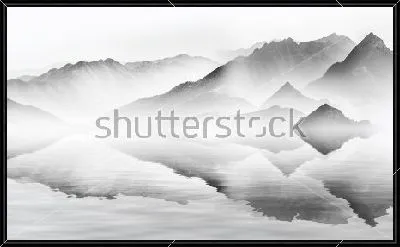 Горный пейзаж с отражением в озере - в технике китайской пейзажной живописи тушью