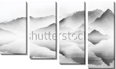 Горный пейзаж с отражением в озере - в технике китайской пейзажной живописи тушью