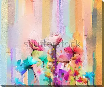 Абстрактная композиция в пастельных тонах с яркими весенними цветами на полосатом фоне