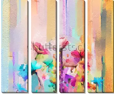 Абстрактная композиция в пастельных тонах с яркими весенними цветами на полосатом фоне