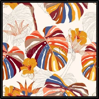 Картина Красочный коллаж из различных листьев монстеры и цветов тропических растений