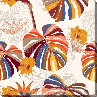 Красочный коллаж из различных листьев монстеры и цветов тропических растений