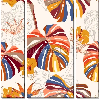 Красочный коллаж из различных листьев монстеры и цветов тропических растений