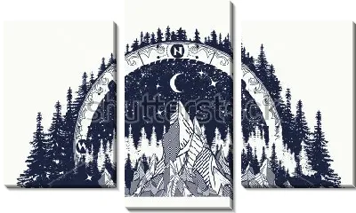 Модульная картина Коллаж на тему путешествий - с компасом, лесами, скалами и звёздным небом