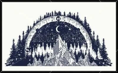 Коллаж на тему путешествий - с компасом, лесами, скалами и звёздным небом