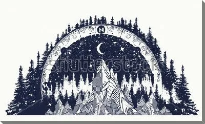 Постер Коллаж на тему путешествий - с компасом, лесами, скалами и звёздным небом