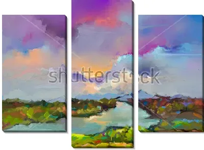 Модульная картина Красочный абстрактный пейзаж с ярким фиолетовым небом и зелёной долиной