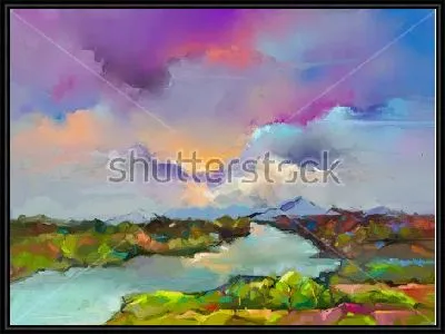 Картина Красочный абстрактный пейзаж с ярким фиолетовым небом и зелёной долиной