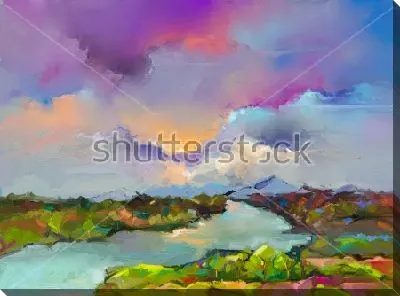 Постер Красочный абстрактный пейзаж с ярким фиолетовым небом и зелёной долиной