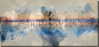 Картина маслом Акварельный пейзаж с деревьями у водоёма в оттенках голубого, розового и серого цвета
