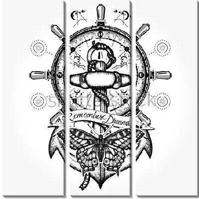 Модульная картина Коллаж на тему морских путешествий с якорем, штурвалом, компасом, бабочкой и надписью - следуй за мечтой