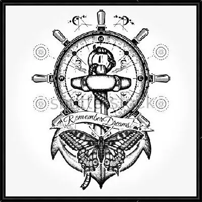 Коллаж на тему морских путешествий с якорем, штурвалом, компасом, бабочкой и надписью - следуй за мечтой