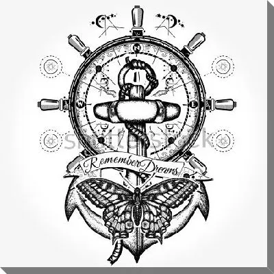 Коллаж на тему морских путешествий с якорем, штурвалом, компасом, бабочкой и надписью - следуй за мечтой