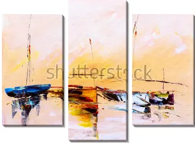 Модульная картина Разноцветные лодки на морском берегу