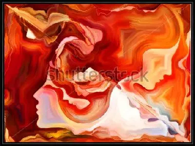 Яркая композиция в оттенках красного и оранжевого цвета в силуэтах лиц