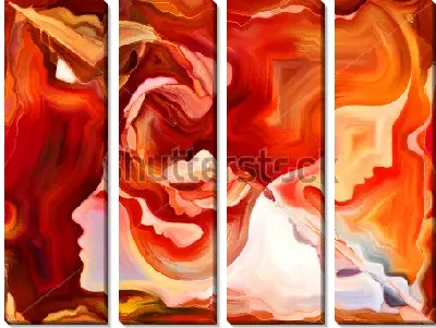 Яркая композиция в оттенках красного и оранжевого цвета в силуэтах лиц