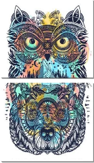 Модульная картина Композиция с совой и медведем в этнических орнаментах на фоне разноцветных пятен