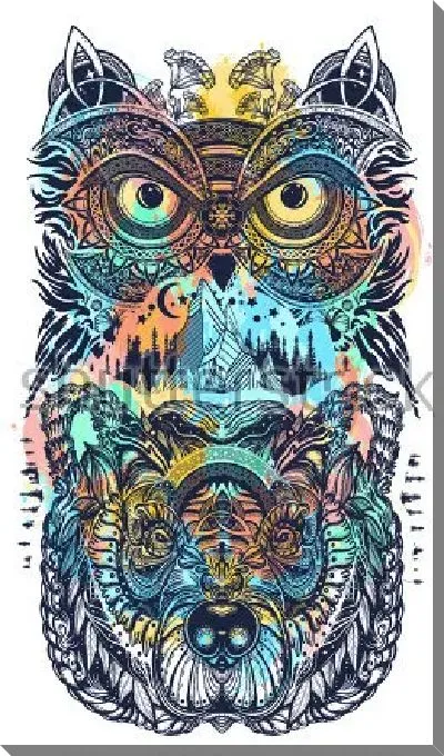 Постер Композиция с совой и медведем в этнических орнаментах на фоне разноцветных пятен