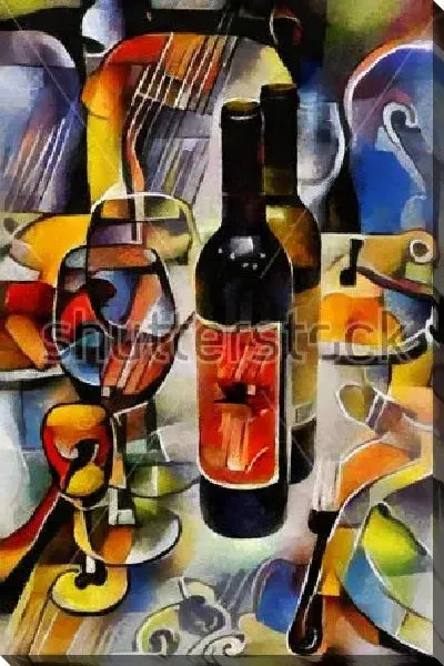 Картина маслом Яркий натюрморт с бутылками вина, бокалами и столовыми приборами в стиле Пабло Пикассо