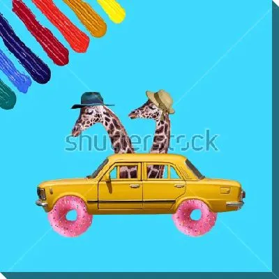 Смешной коллаж с двумя жирафами в шляпах, путешествующих на жёлтой машине с колёсами-пончиками