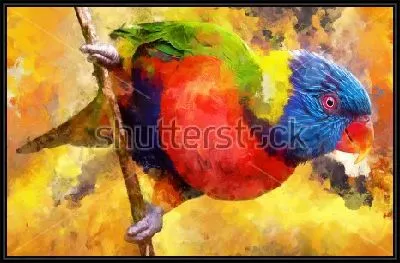 Картина Яркий разноцветный попугай на оранжевом фоне