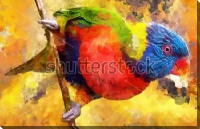 Картина маслом Яркий разноцветный попугай на оранжевом фоне