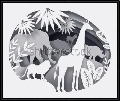 Объёмный монохромный коллаж с африканскими животными и растениями