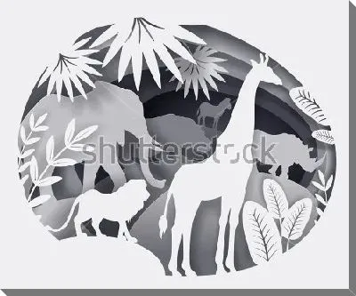 Объёмный монохромный коллаж с африканскими животными и растениями