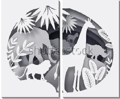 Объёмный монохромный коллаж с африканскими животными и растениями