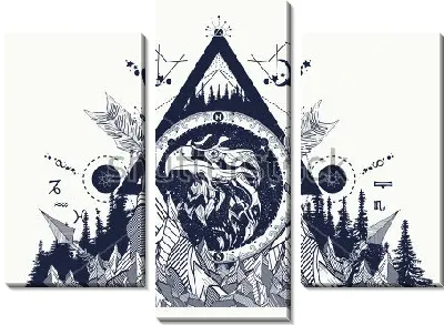 Модульная картина Многофигурный коллаж с головой орла в круге, скалами, лесом и различными геометрическими фигурами и символами