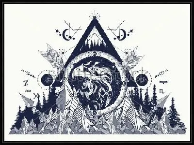 Многофигурный коллаж с головой орла в круге, скалами, лесом и различными геометрическими фигурами и символами