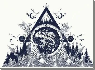 Многофигурный коллаж с головой орла в круге, скалами, лесом и различными геометрическими фигурами и символами