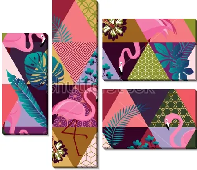 Модульная картина Яркий коллаж с разноцветными треугольниками, розовыми фламинго и различными растениями