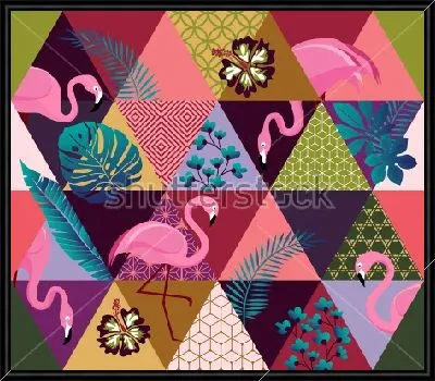 Картина Яркий коллаж с разноцветными треугольниками, розовыми фламинго и различными растениями