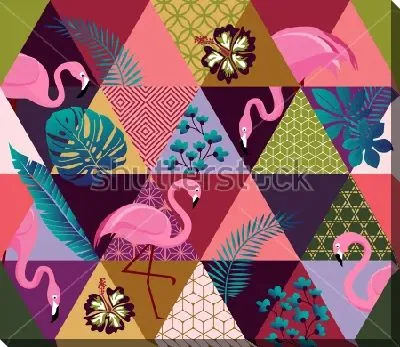 Постер Яркий коллаж с разноцветными треугольниками, розовыми фламинго и различными растениями