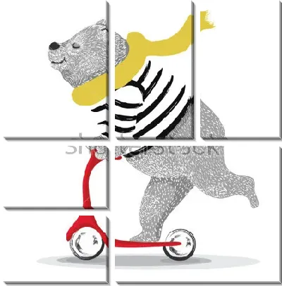 Модульная картина Милый медведь в жёлтом шарфе едет на красном самокате