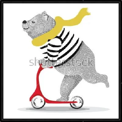 Картина Милый медведь в жёлтом шарфе едет на красном самокате