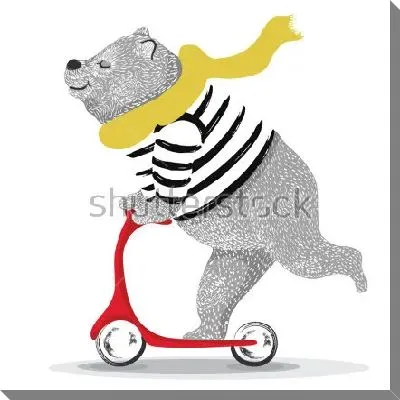 Постер Милый медведь в жёлтом шарфе едет на красном самокате