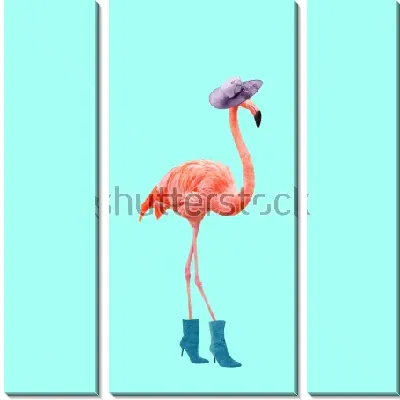 Модульная картина Коллаж с розовым модным фламинго в шляпке и сапогах на высоком каблуке