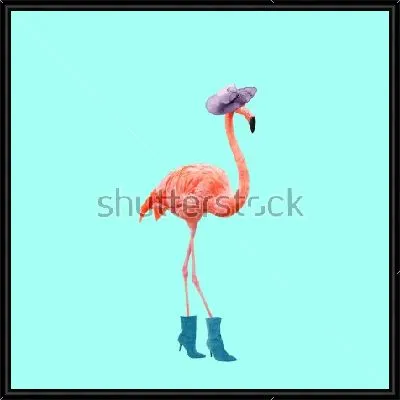 Коллаж с розовым модным фламинго в шляпке и сапогах на высоком каблуке