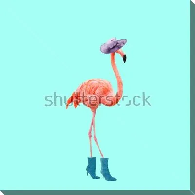 Коллаж с розовым модным фламинго в шляпке и сапогах на высоком каблуке