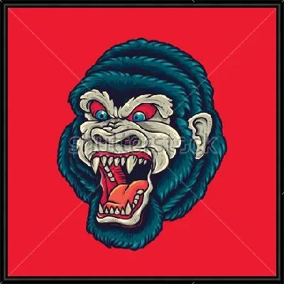Свирепая морда гориллы на красном фоне