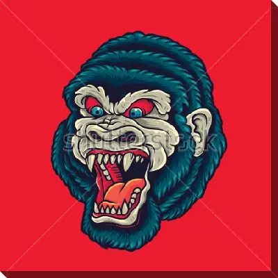Свирепая морда гориллы на красном фоне