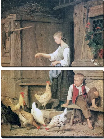 Картина Девушка кормящая кур