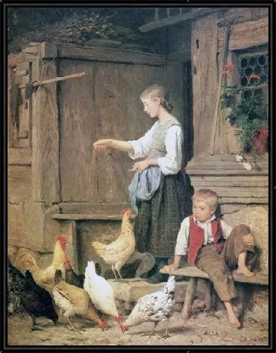 Картина Девушка кормящая кур