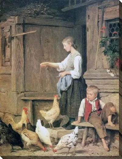 Картина Девушка кормящая кур