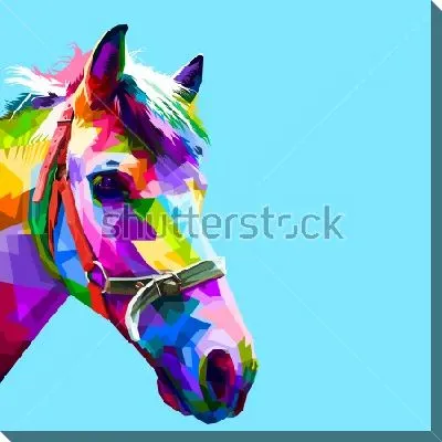 Картина маслом Разноцветная голова лошади на голубом фоне 